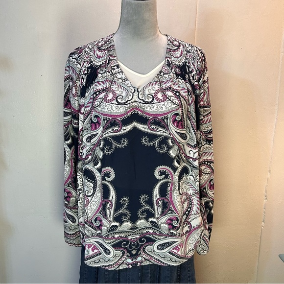 #0240 Banana Republic Pink/Navy Graphic Long Sleeve Blouse-S - Picture 3 of 7